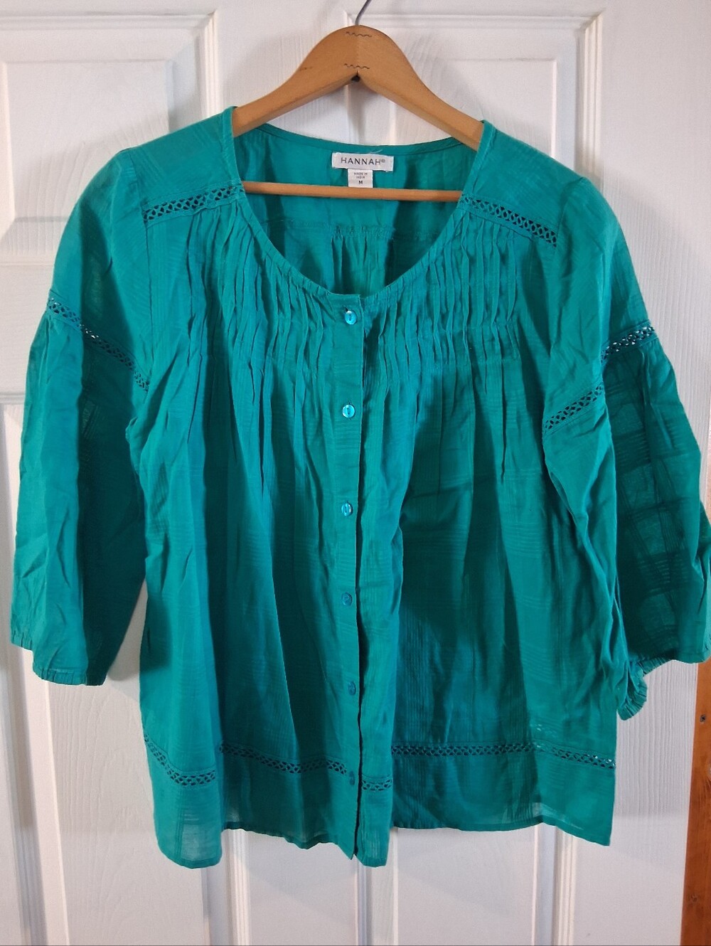 Hannah Teal Button-Front Pintuck Blouse